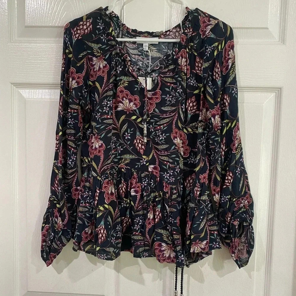 William Rast Black Purple Floral Tie Front Peasant  Blouse Ruched Sleeve Size XS